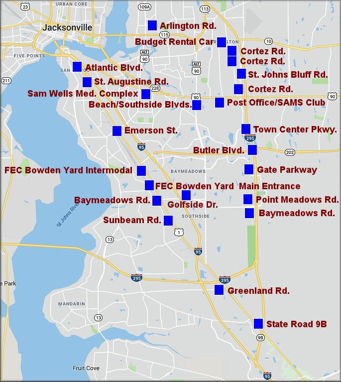 Map showing some Duval County Bulimulus sporadicus sites south of the core city of Jacksonville